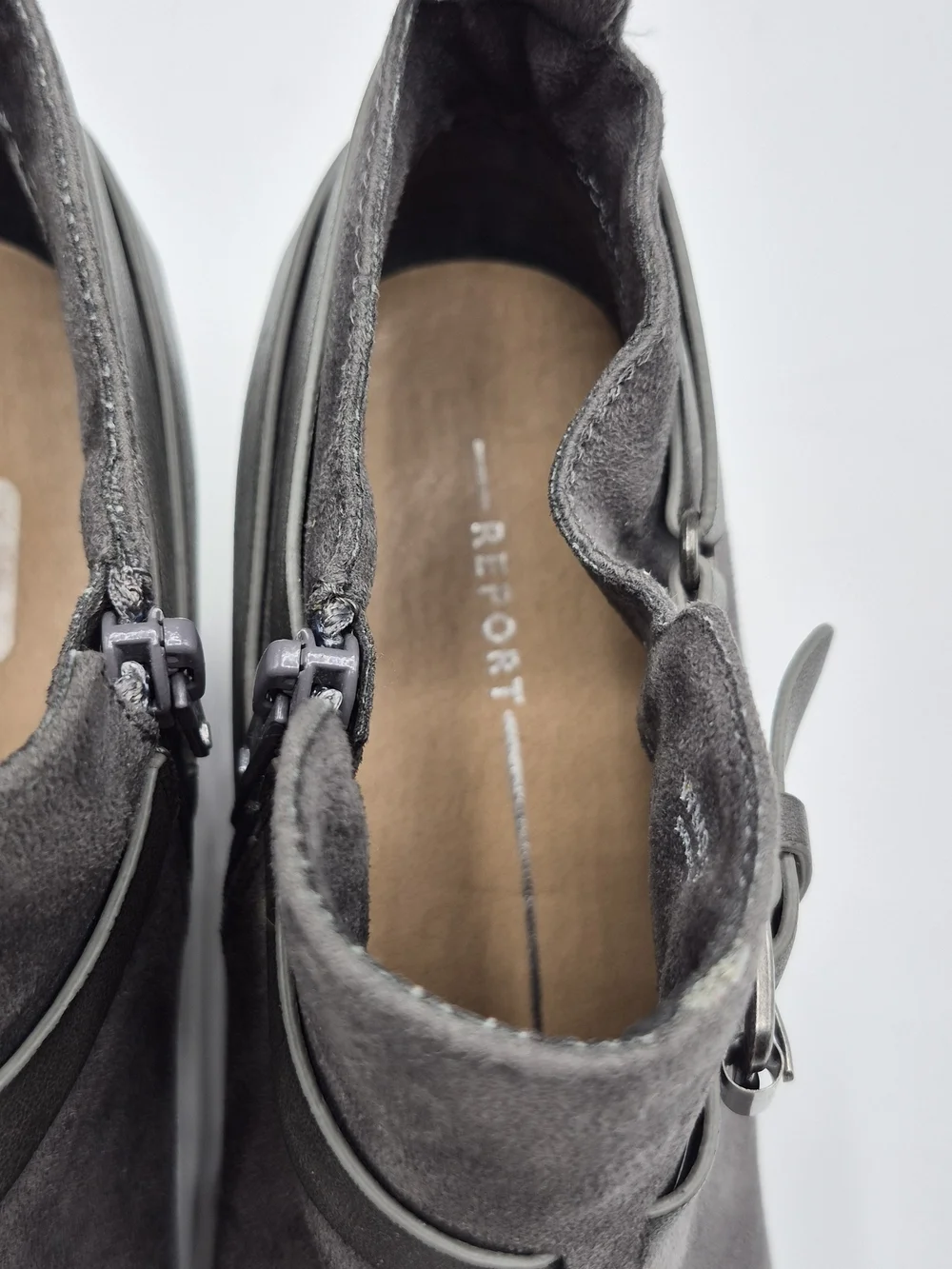 Report Gray Suede Ankle Booties with Buckle Strap